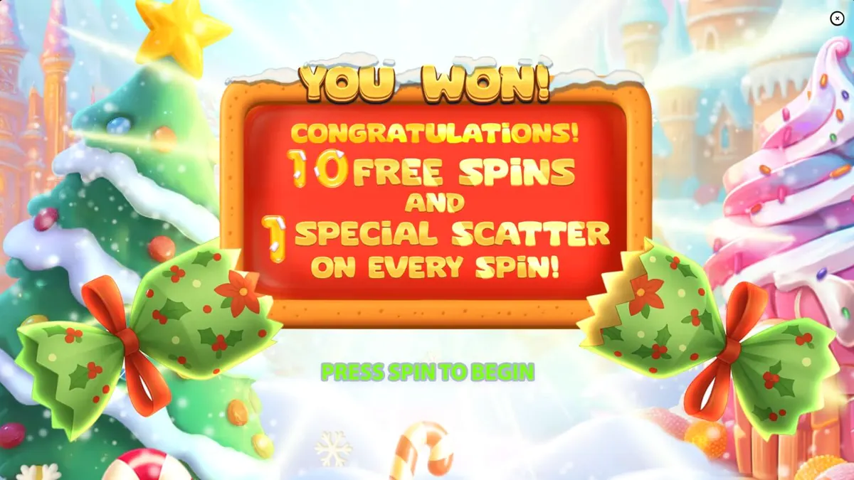 Tampilan layar permainan slot Big Sugar Bonanza Xmas dengan monster berbulu dan permen Natal.