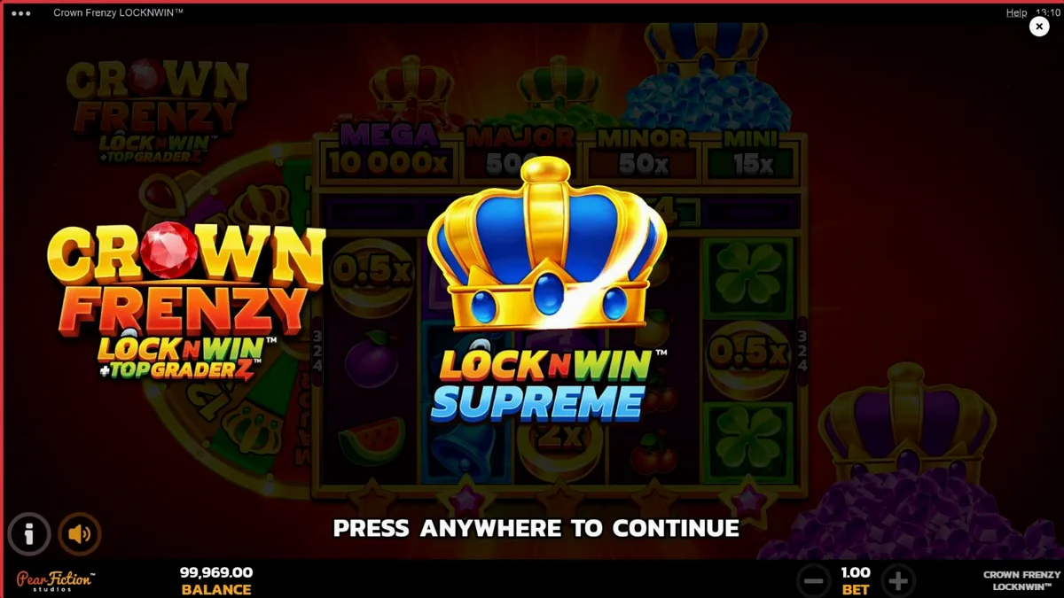 Tampilan visual mewah dari slot Crown Frenzy LockNWin dengan simbol mahkota dan permata.
