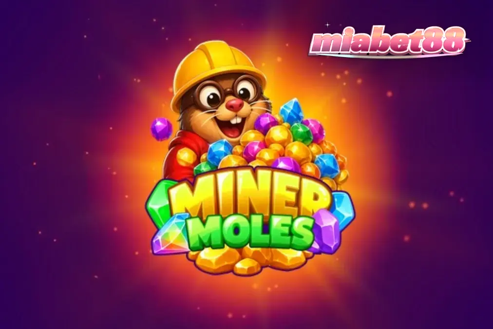 Tampilan visual slot Miner Moles dengan karakter mole lucu dan grid cluster-pays.